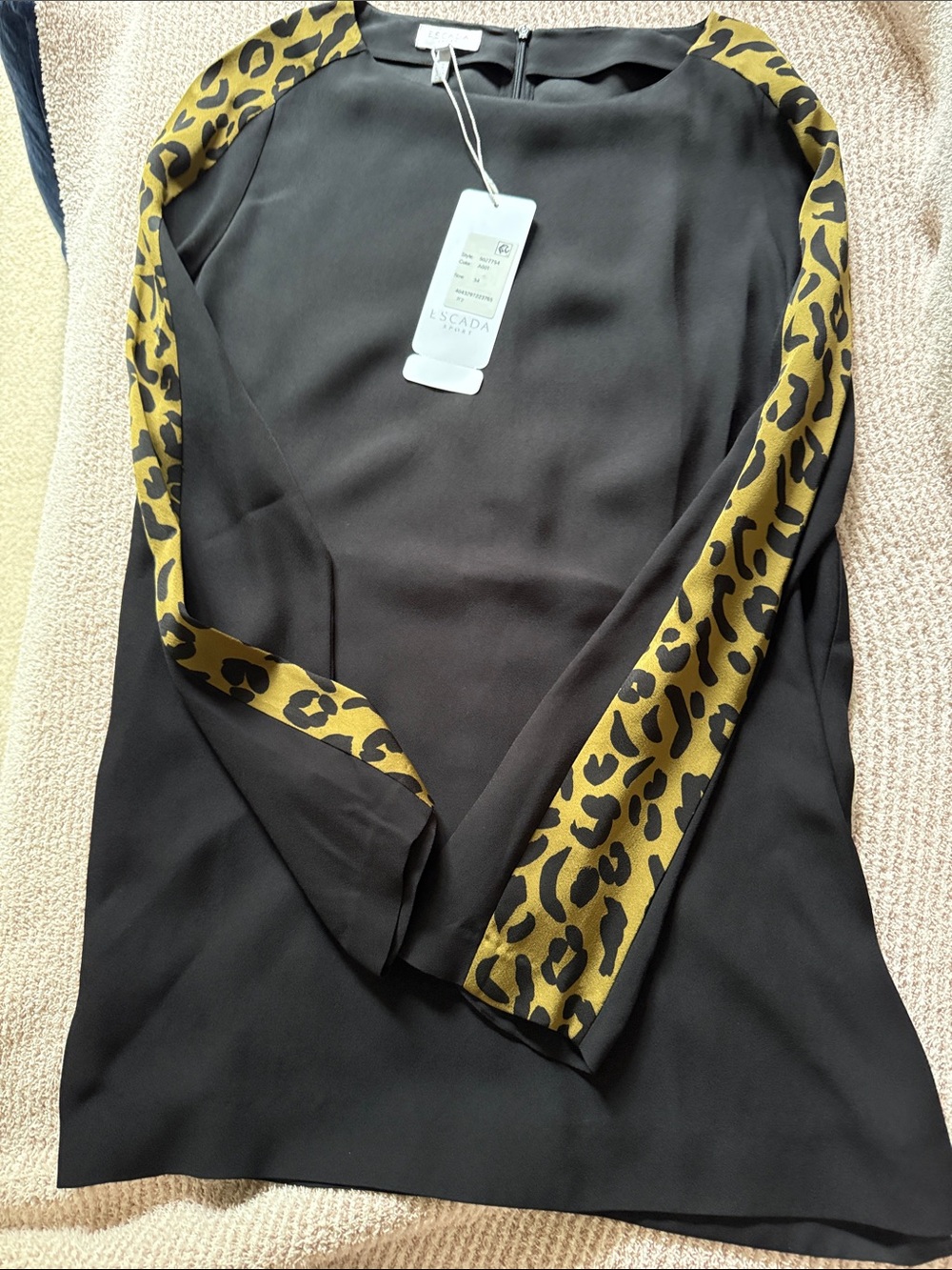 Escada Black long tunic Blouse with Olive Leopard Trim